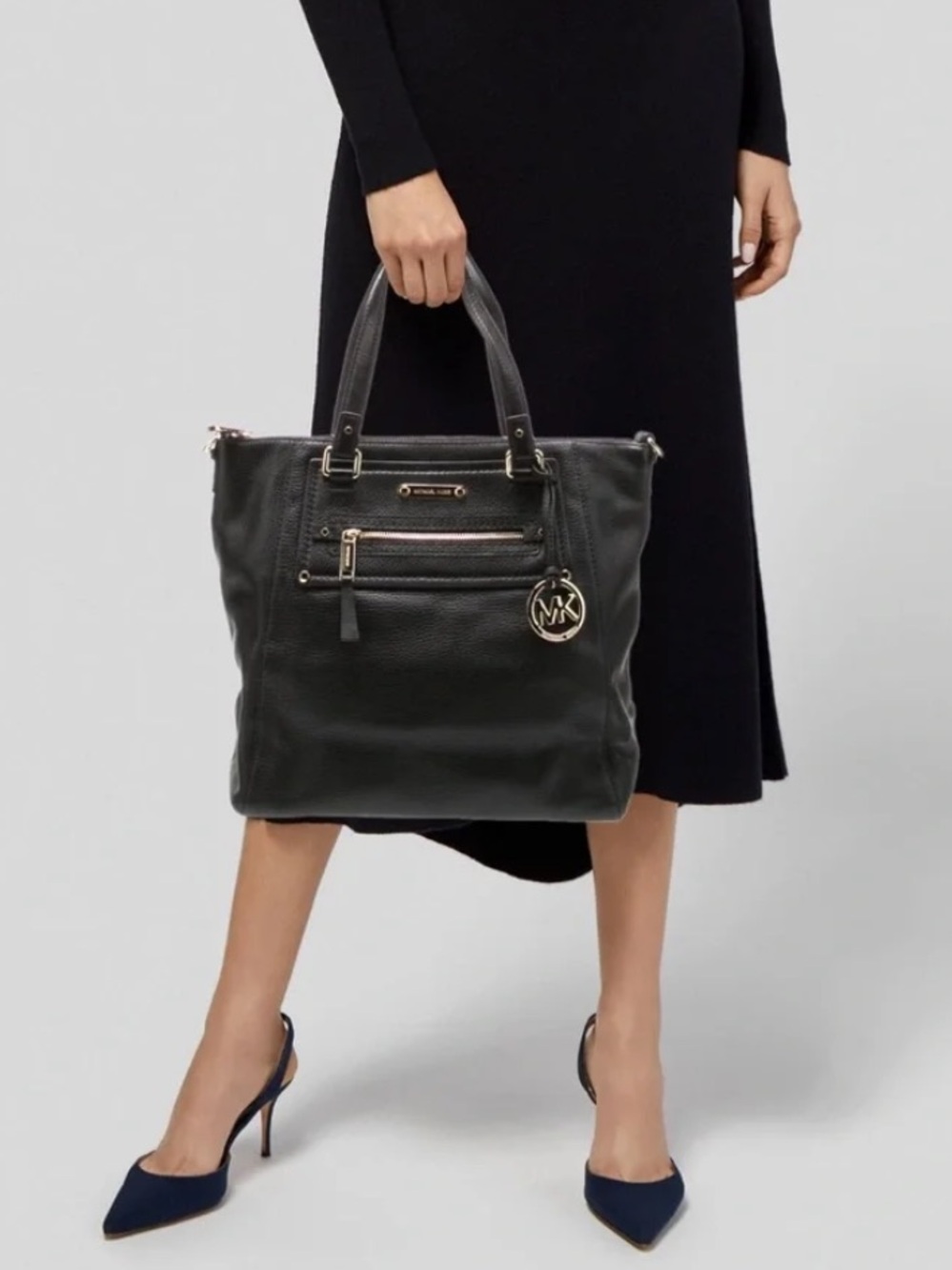 MICHAEL KORS large Gilmore tote satchel  BLACK LEATHER shoulder bag gold tone